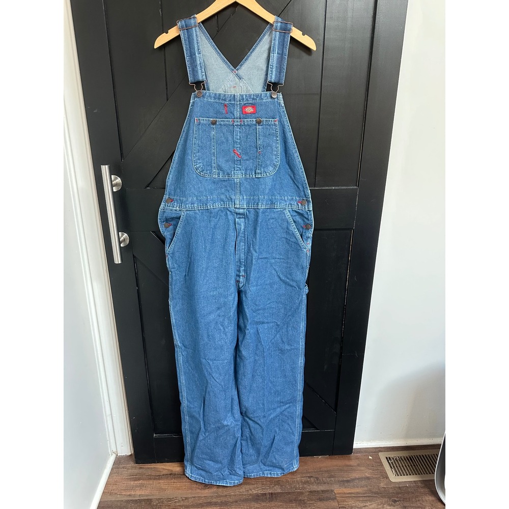 Dickies Mens Denim Bib Overalls Medium Wash Carpenter Workwear Size 38x30